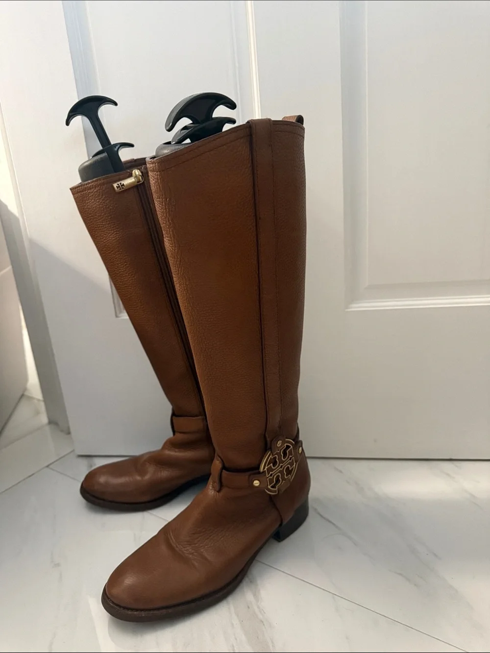 Tory Burch Cognac Leather Tall Riding Boots with Gold Logo